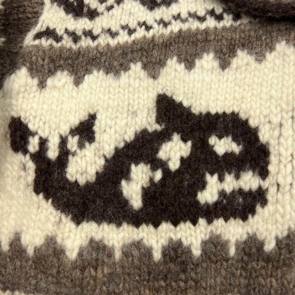 Cowichan Indian Knit Cardigan Mens Large* Brown Whale Hand Knit Wool Zip Sweater - Picture 2 of 11